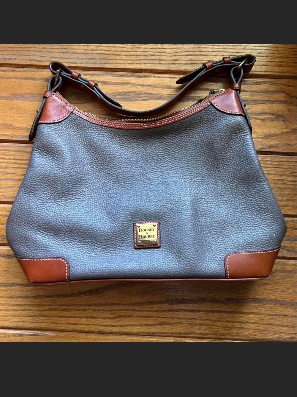 Dooney & Bourke Gray Pebbled Leather Shoulder Bag with Brown Trim